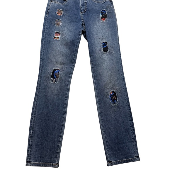 ✨Joseph Ribkoff Medium Wash Patchwork Jeans Size 6 Distressed Embellished✨ - Picture 1 of 5